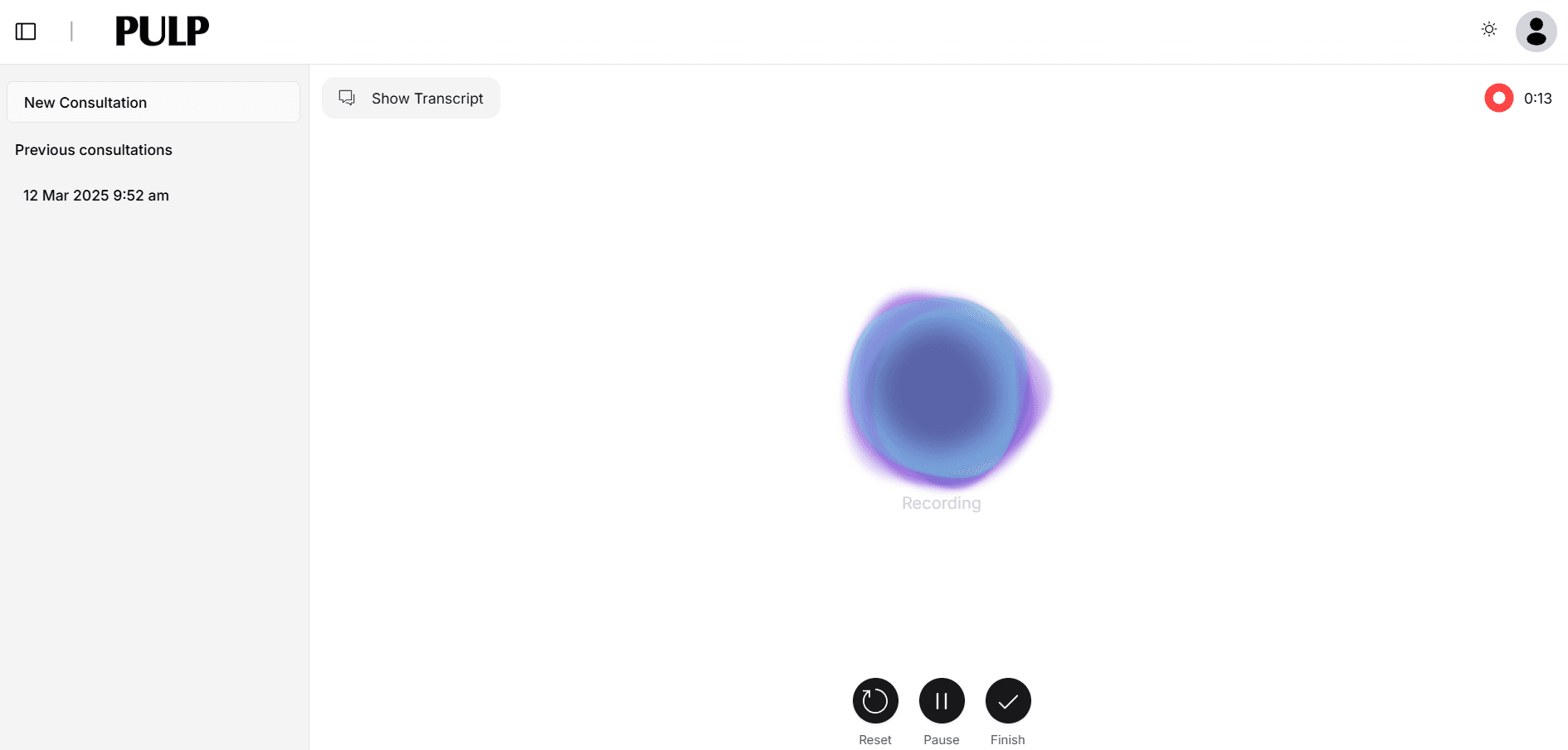 Desktop view of the Pulp Health AI dental scribe interface generating patient notes